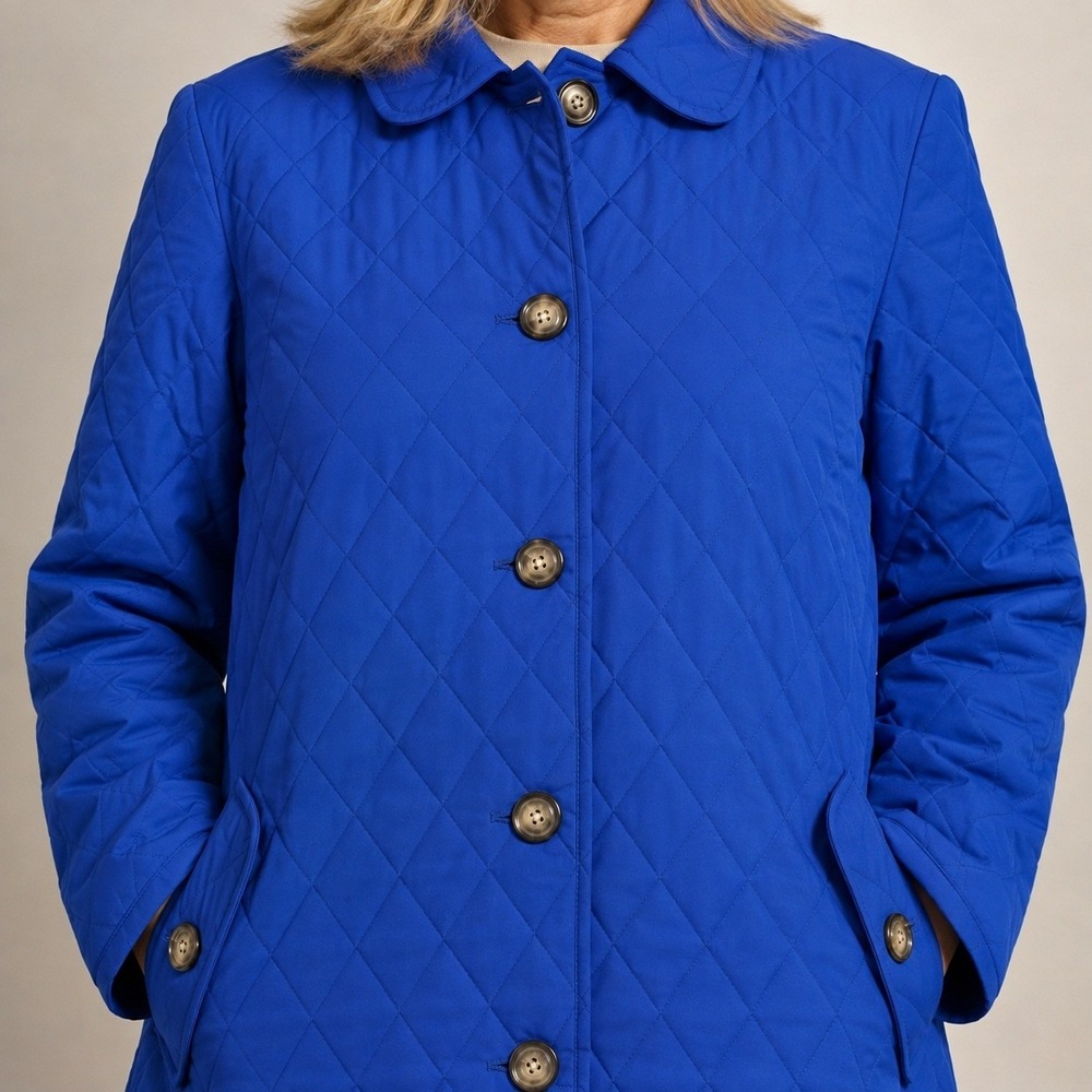 Blue Quilted Puffer Jacket Coat Diamond Stitch Collared XL Petite - Picture 2 of 7